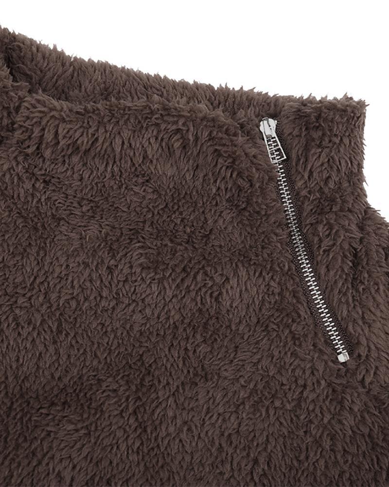 long sleeve zipper design high neck fluffy sweatshirt