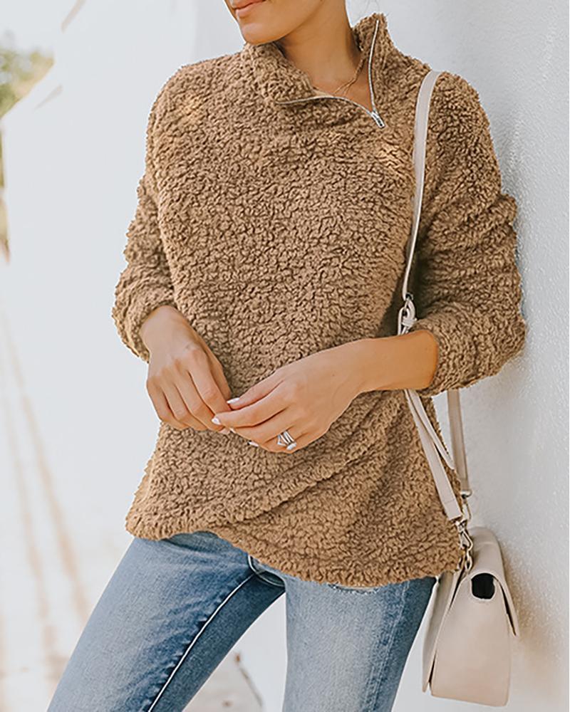 long sleeve zipper design high neck fluffy sweatshirt