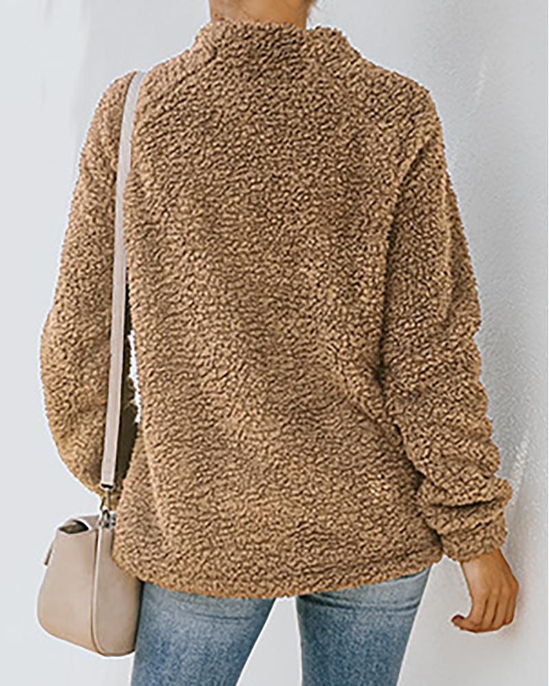 long sleeve zipper design high neck fluffy sweatshirt
