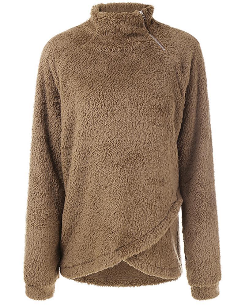 long sleeve zipper design high neck fluffy sweatshirt