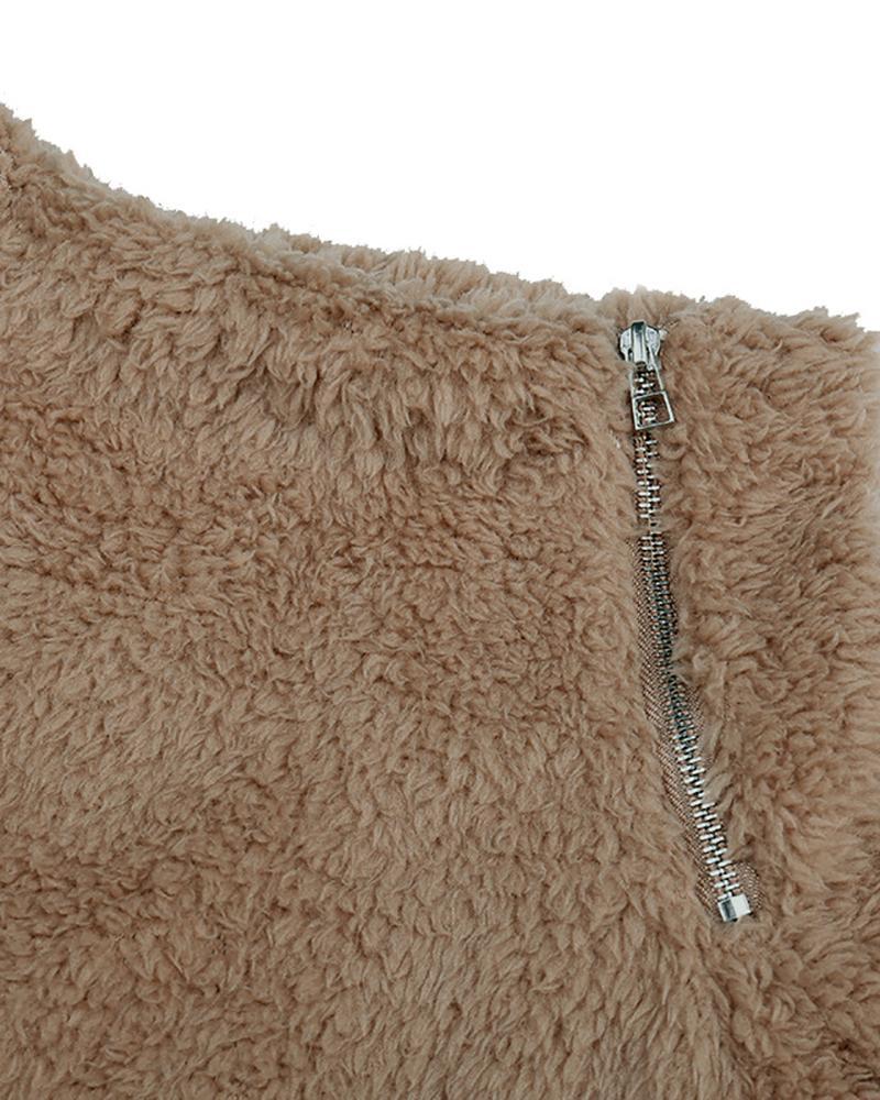 long sleeve zipper design high neck fluffy sweatshirt