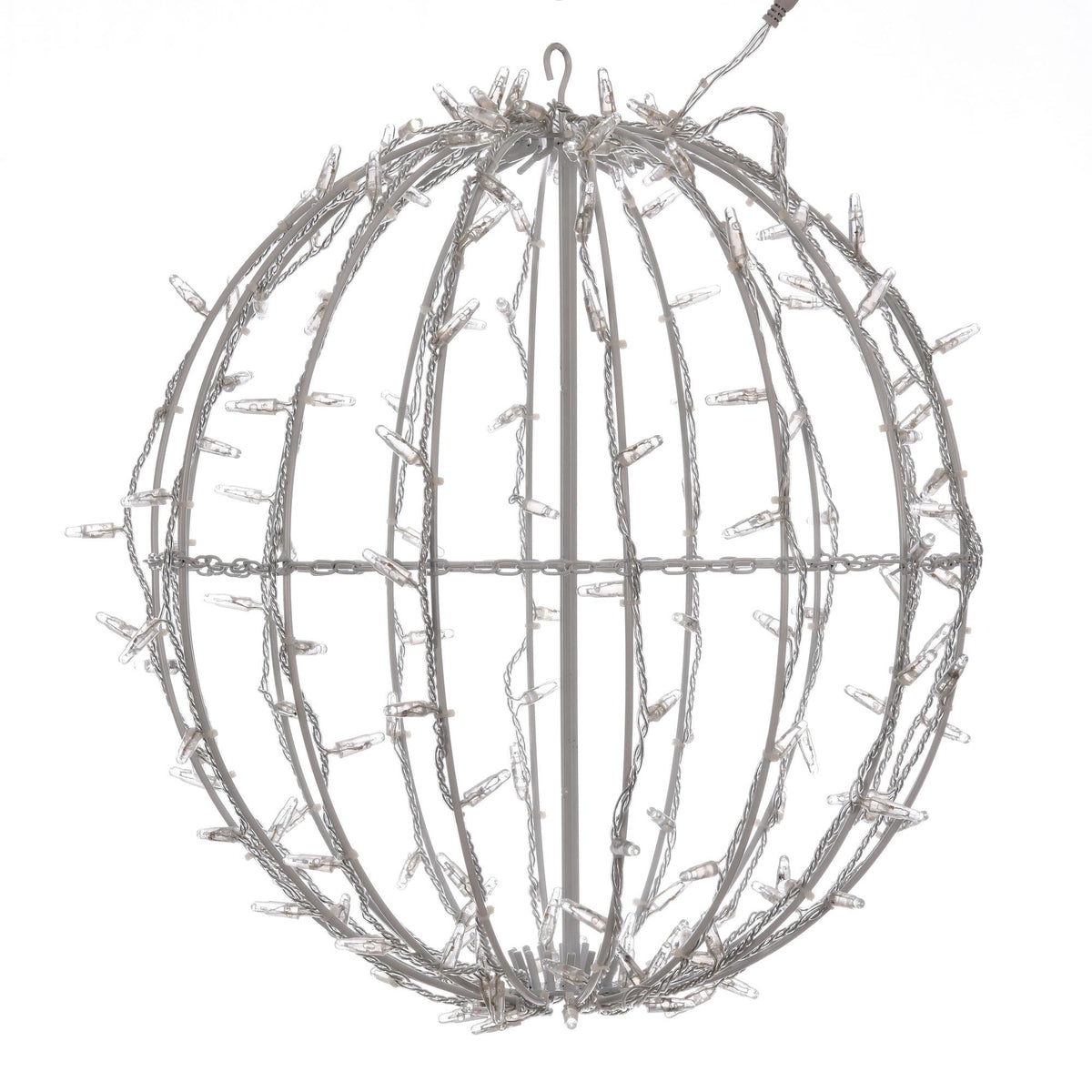 20" Fold Flat Pink Led Jumbo Hanging Sphere with White Powder Coated Frame. UL 24 Volt 3mm LED Lights with 10 Watt Waterproof Outdoor Transformer, AWG22 Transparent Cable and 6' Lead Wire Male Plug.
