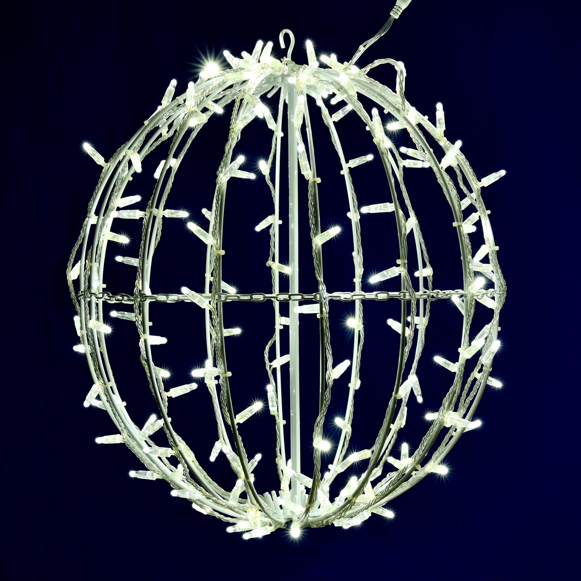 20" Fold Flat Pink Led Jumbo Hanging Sphere with White Powder Coated Frame. UL 24 Volt 3mm LED Lights with 10 Watt Waterproof Outdoor Transformer, AWG22 Transparent Cable and 6' Lead Wire Male Plug.