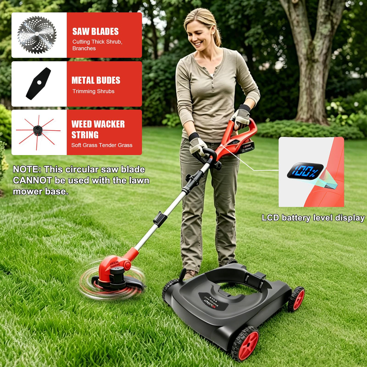 4-in-1 Cordless Lawn Mower, Weed Eater and Edger Combo, Adjustable Height &amp; Angle, Electric String Trimmer with Wheels Grass Trimmer for Garden Yard (2x4.0Ah Battery &amp; Charger Included)