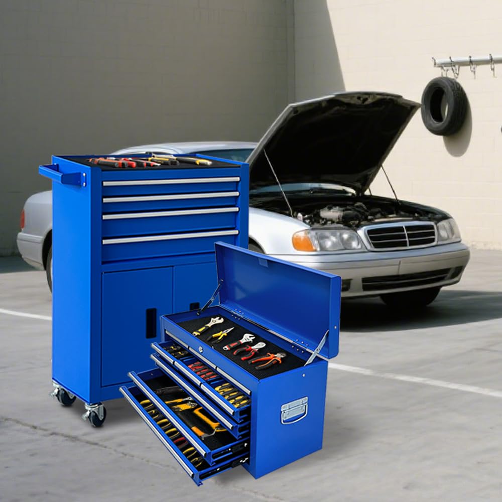 13-Drawer Rolling Tool Chest, 2 in 1 Detachable Metal Tool Cabinet with Lock & Wheels, Heavy-Duty Tool StoraOrganizer for Garage, Workshop, Auto Repair & Home(Blue)
