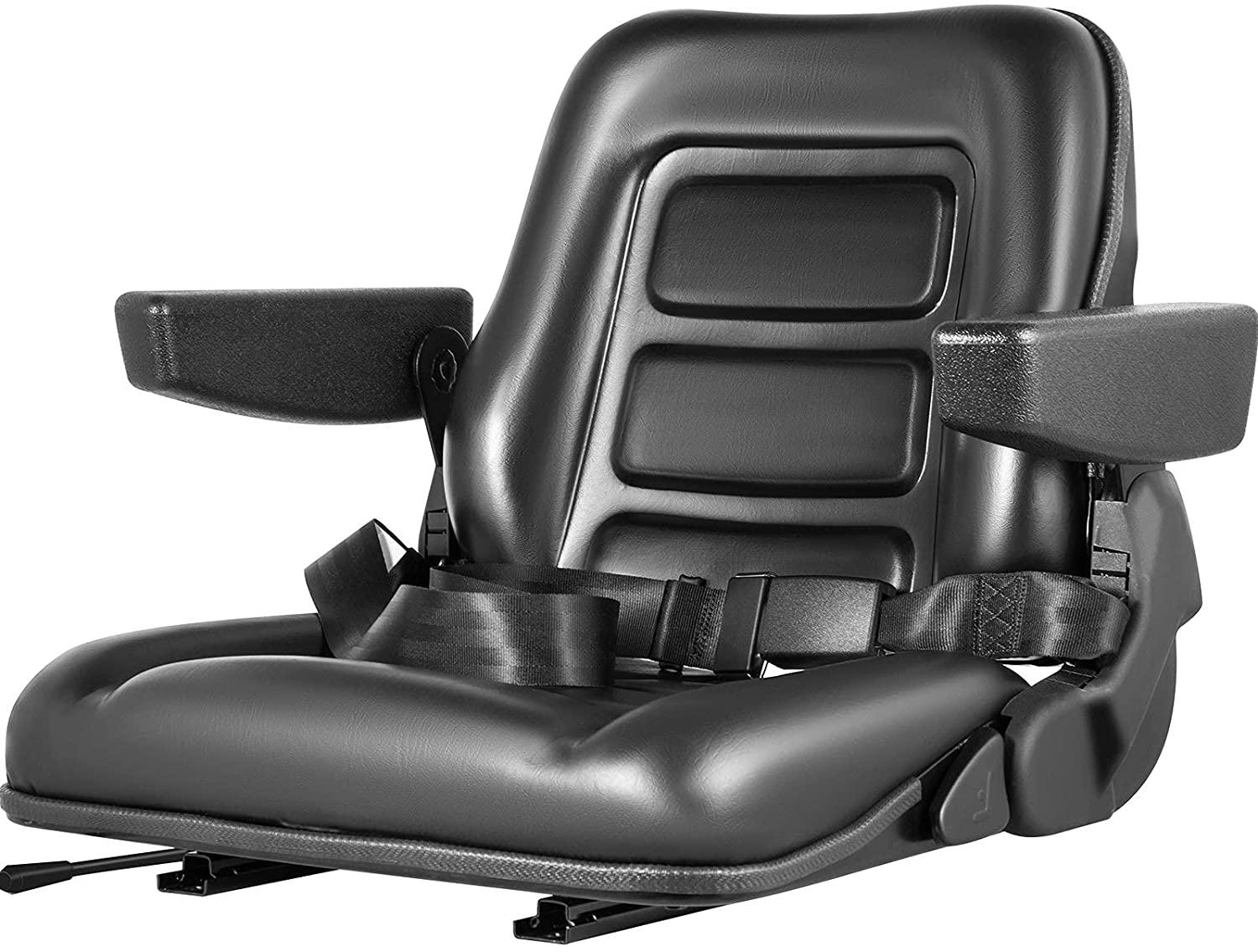 vevor universal forklift seat black pvc tractor seat, 6"/150mm adjustable mower seat foldable seat including armrests, seat belt, seat switch, skid steer seat fit forklift, tractor, skid loader