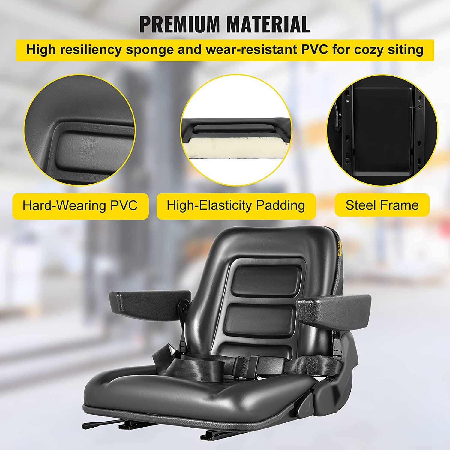 vevor universal forklift seat black pvc tractor seat, 6"/150mm adjustable mower seat foldable seat including armrests, seat belt, seat switch, skid steer seat fit forklift, tractor, skid loader