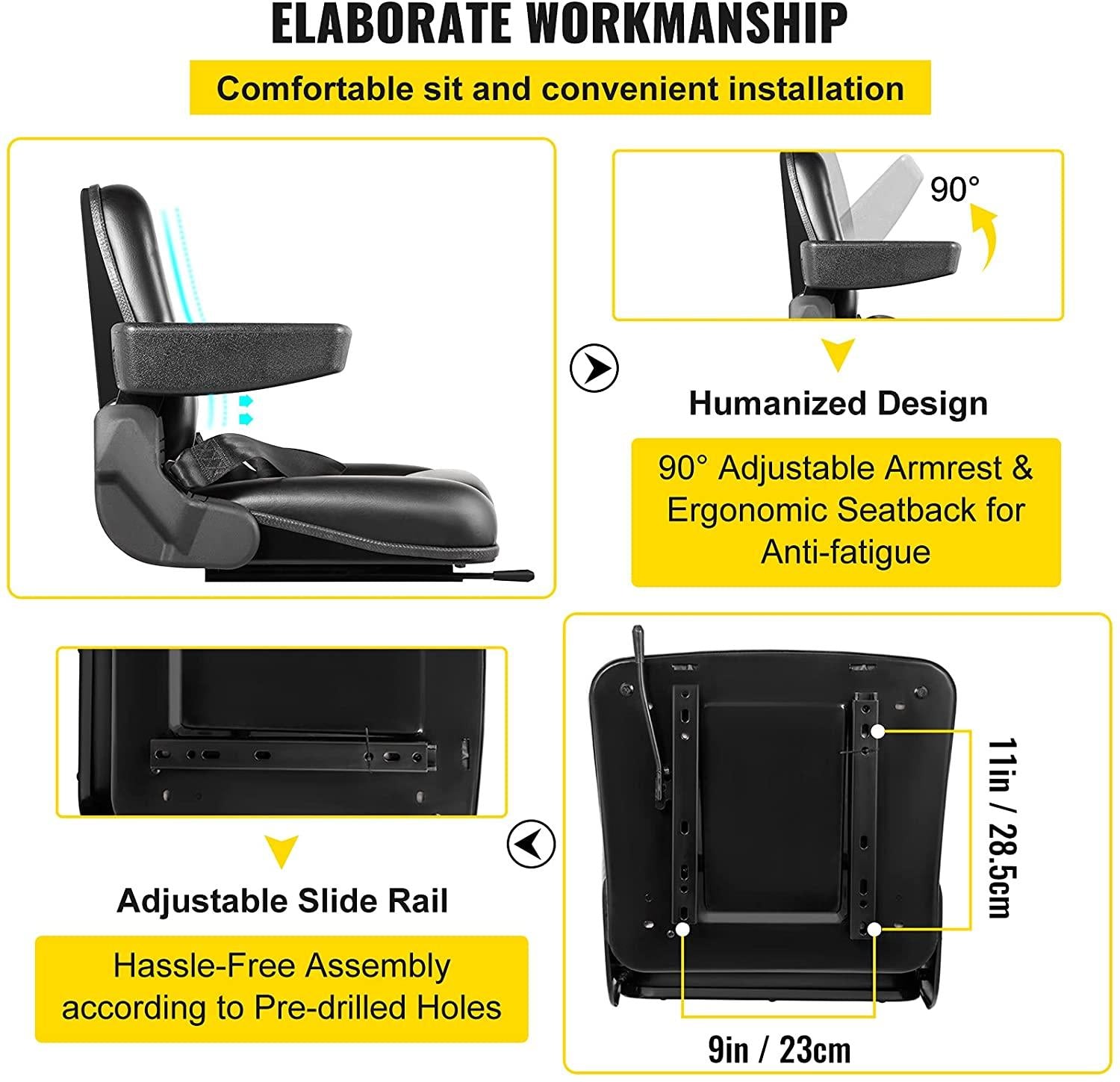 vevor universal forklift seat black pvc tractor seat, 6"/150mm adjustable mower seat foldable seat including armrests, seat belt, seat switch, skid steer seat fit forklift, tractor, skid loader