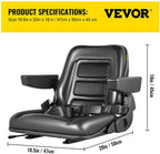 vevor universal forklift seat black pvc tractor seat, 6"/150mm adjustable mower seat foldable seat including armrests, seat belt, seat switch, skid steer seat fit forklift, tractor, skid loader