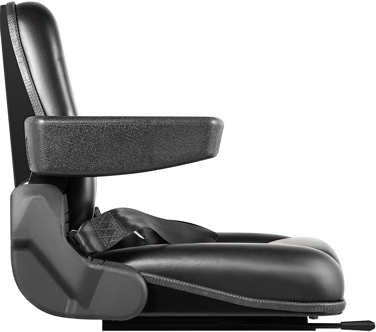 vevor universal forklift seat black pvc tractor seat, 6"/150mm adjustable mower seat foldable seat including armrests, seat belt, seat switch, skid steer seat fit forklift, tractor, skid loader