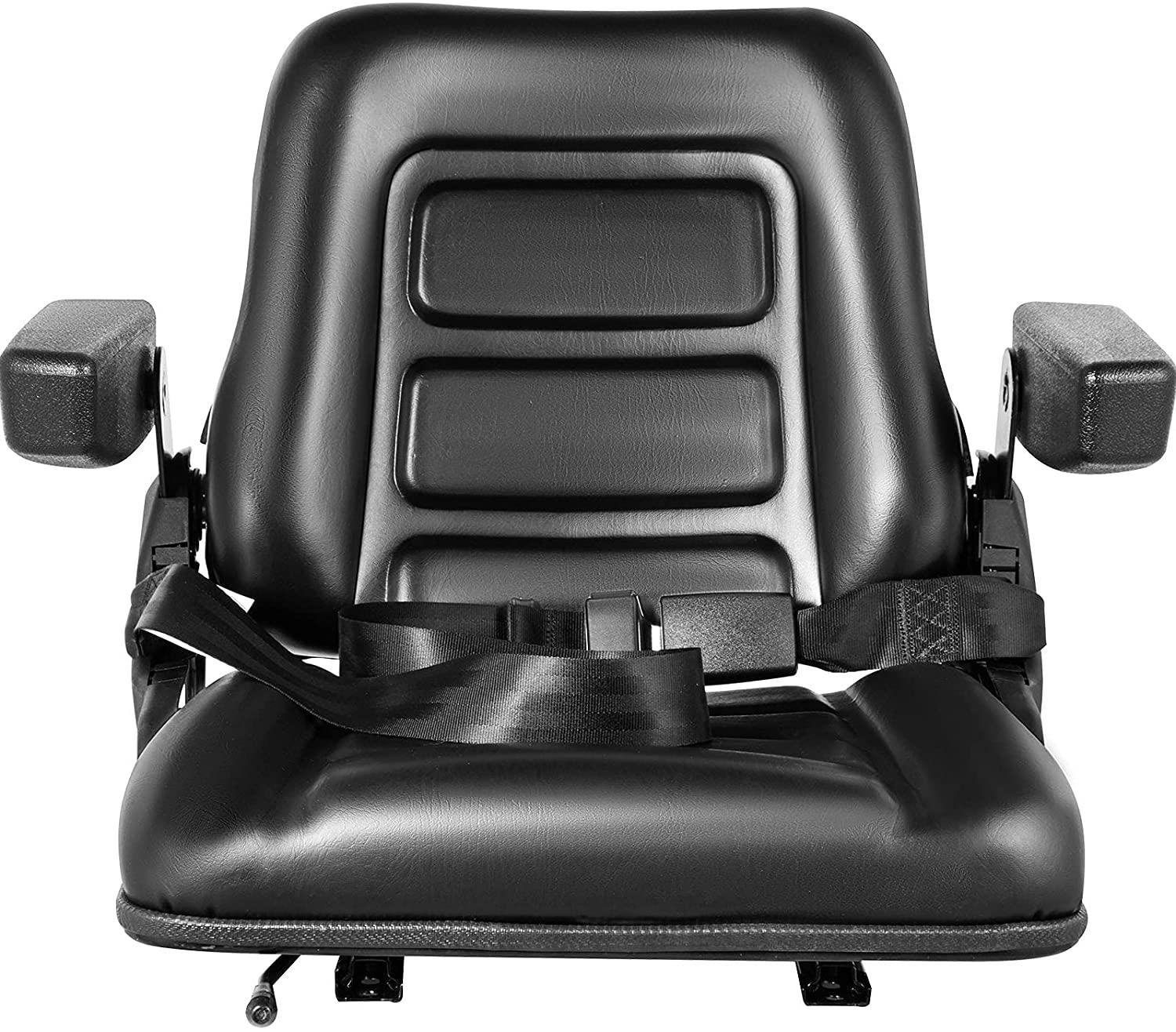 vevor universal forklift seat black pvc tractor seat, 6"/150mm adjustable mower seat foldable seat including armrests, seat belt, seat switch, skid steer seat fit forklift, tractor, skid loader