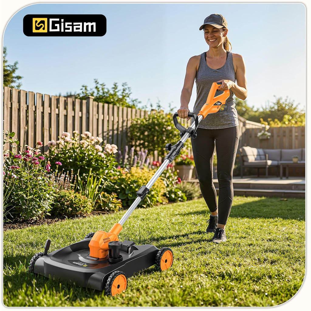 18.9" Cordless Lawn Mower, String Trimmer &amp; Wheeled Edger 3-in-1 Combo, Brushless 2 * 4.0Ah Batteries, 3 Blades, Adjustable Height &amp; Angle Electric Weed Eater and Lawnmower