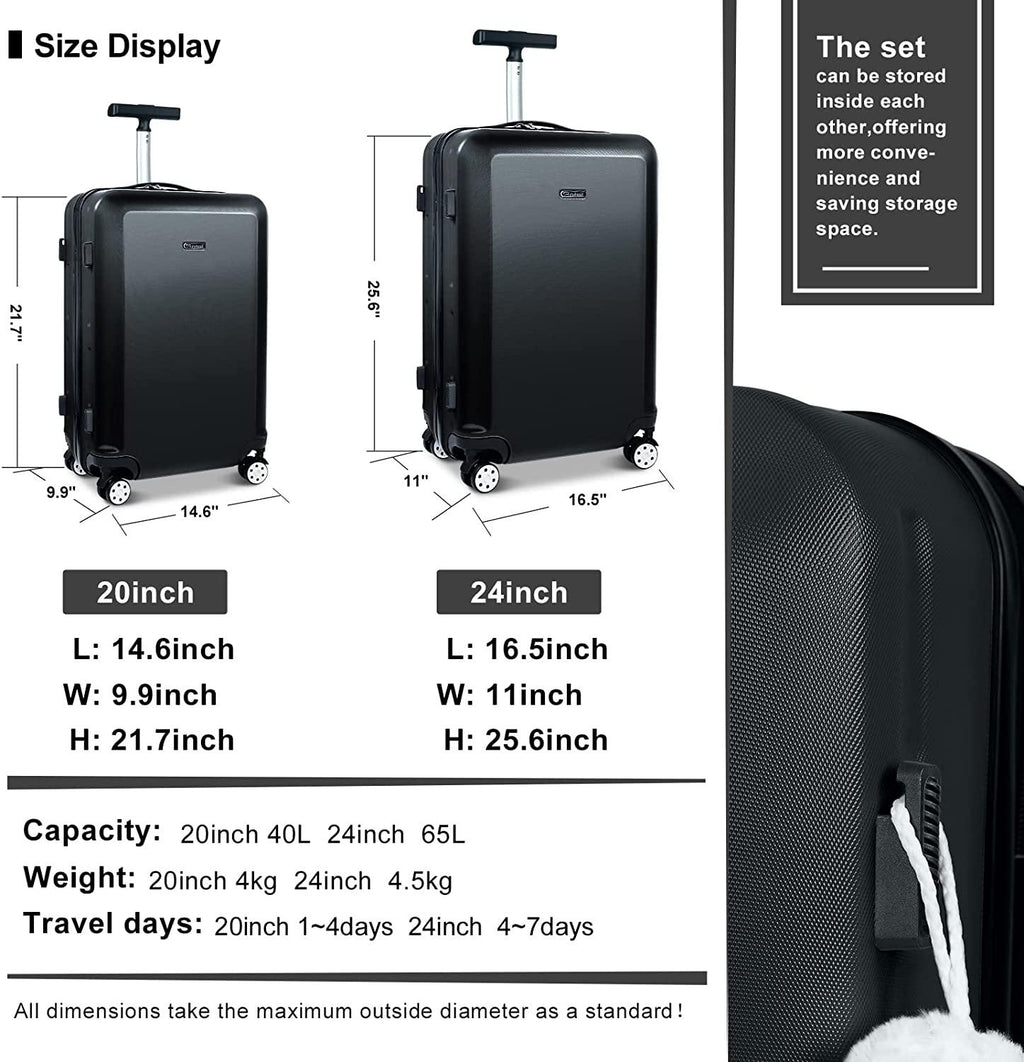 Hardside Luggage Set of 2 Piece Suitcase Set of 2 with Spinner Wheels Carry On Luggage Airline Approved and Built-In TSA Lock, Black