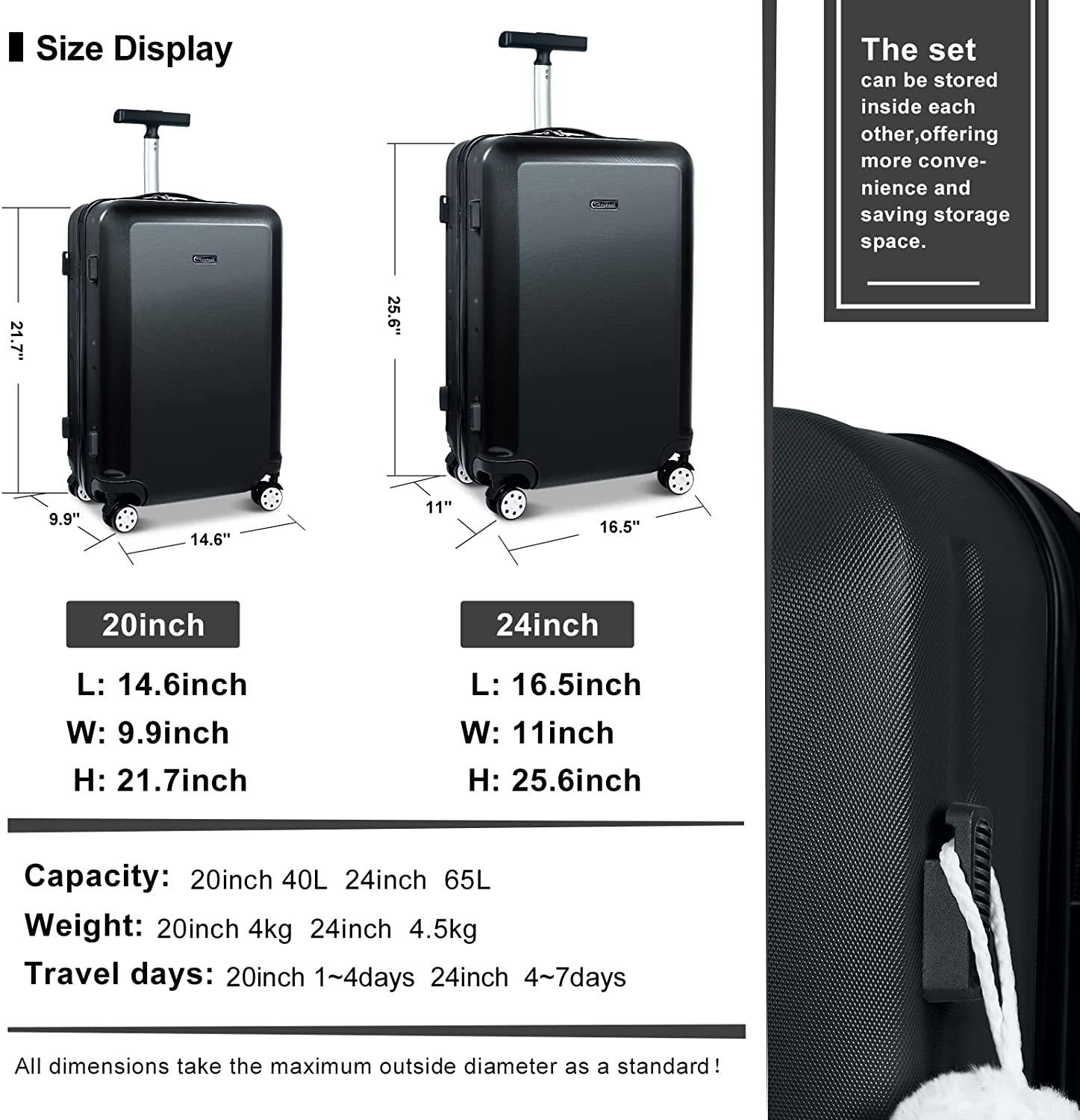 Hardside Luggage Set of 2 Piece Suitcase Set of 2 with Spinner Wheels Carry On Luggage Airline Approved and Built-In TSA Lock, Black