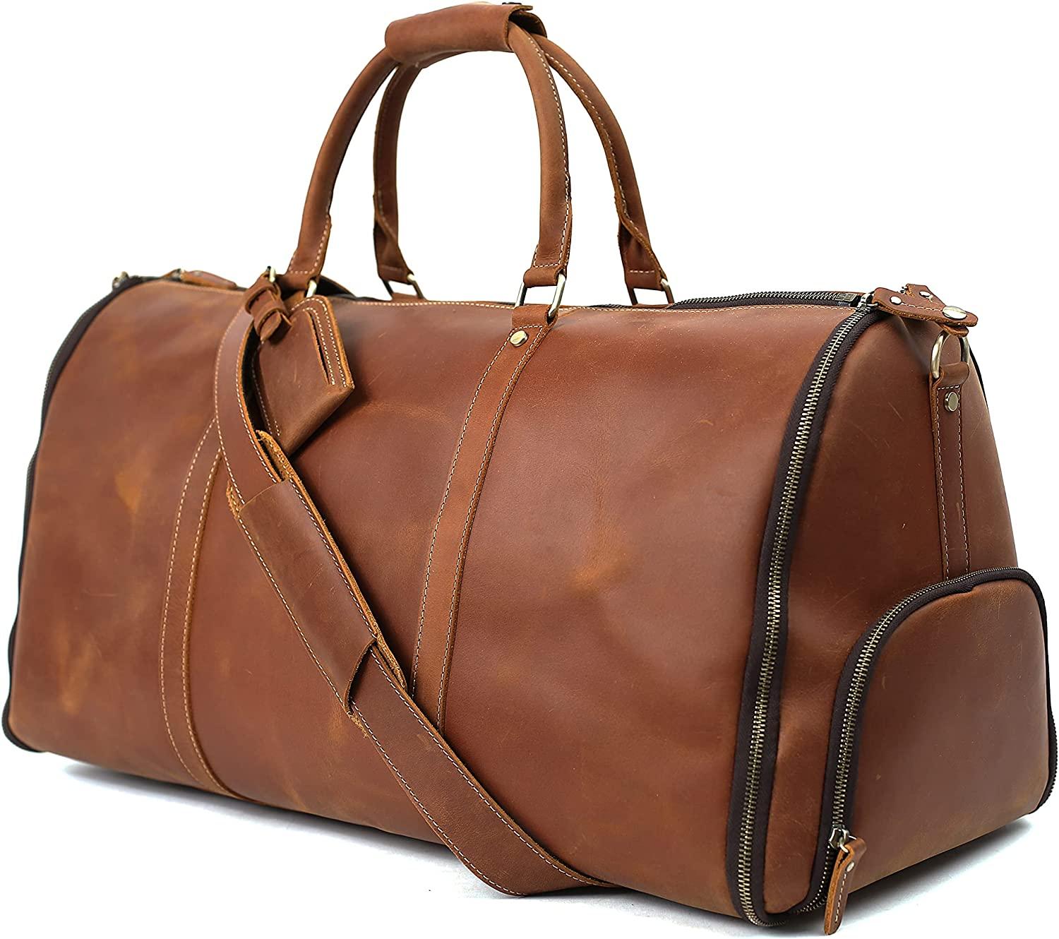 Carry On Garment Bag,Convertible Garment Bag with Shoes Compartmen Waterproof Mens Garment Bag for Travel Full Grain Leather Duffel Bag Suit Travel Bag 2 in 1 Weekender Suit Bags for Men Women