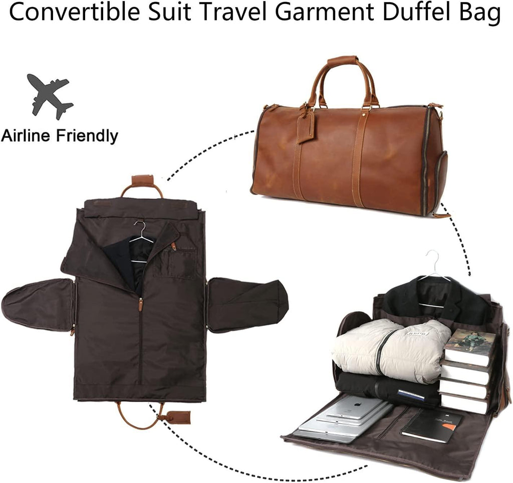 Carry On Garment Bag,Convertible Garment Bag with Shoes Compartmen Waterproof Mens Garment Bag for Travel Full Grain Leather Duffel Bag Suit Travel Bag 2 in 1 Weekender Suit Bags for Men Women