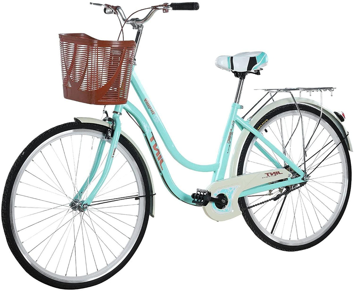 【Fast SHIPPMENT】 26 Inch Women's Cruiser Bike - Classic Unisex Bicycle with Baskets and Back Seats Retro Bicycle Beach Cruiser Bicycle Road Bike Seaside Travel Bicycle Commuter Bicycle, Blue