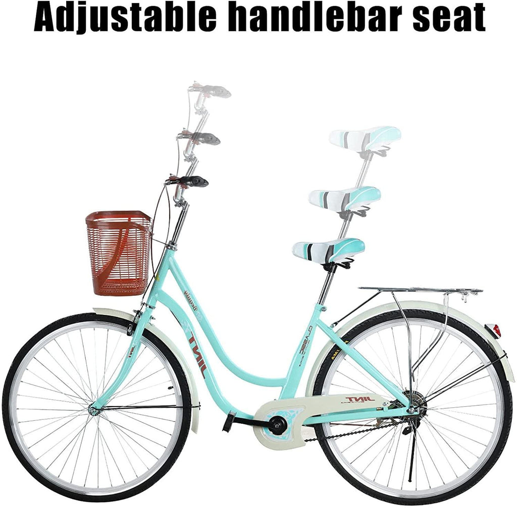 【Fast SHIPPMENT】 26 Inch Women's Cruiser Bike - Classic Unisex Bicycle with Baskets and Back Seats Retro Bicycle Beach Cruiser Bicycle Road Bike Seaside Travel Bicycle Commuter Bicycle, Blue