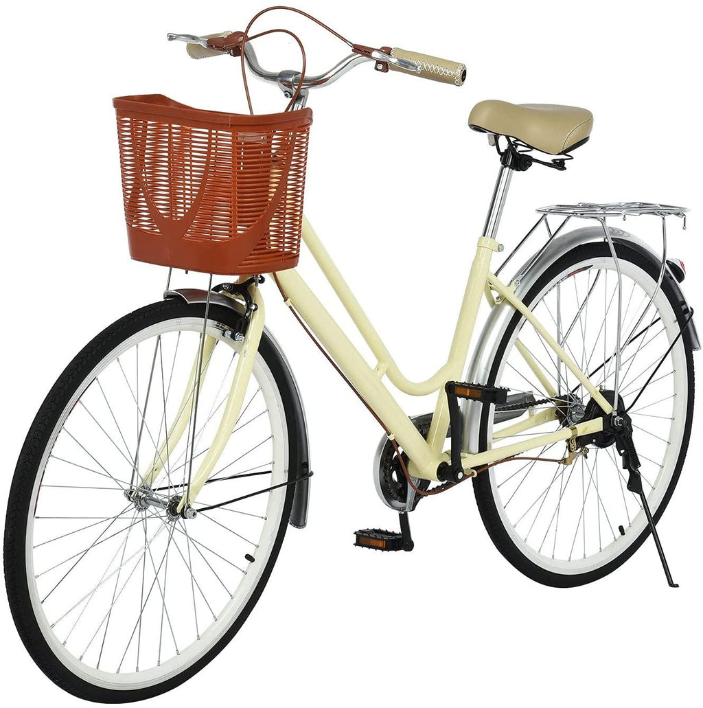 Beach Cruiser Bike for Womens 26 Inch Cruiser Bike Classic Retro Bicycle Road Bikes, Single Speed Bicycle Commuter Bicycle High-Carbon Steel Frame, Front Basket, Rear Racks