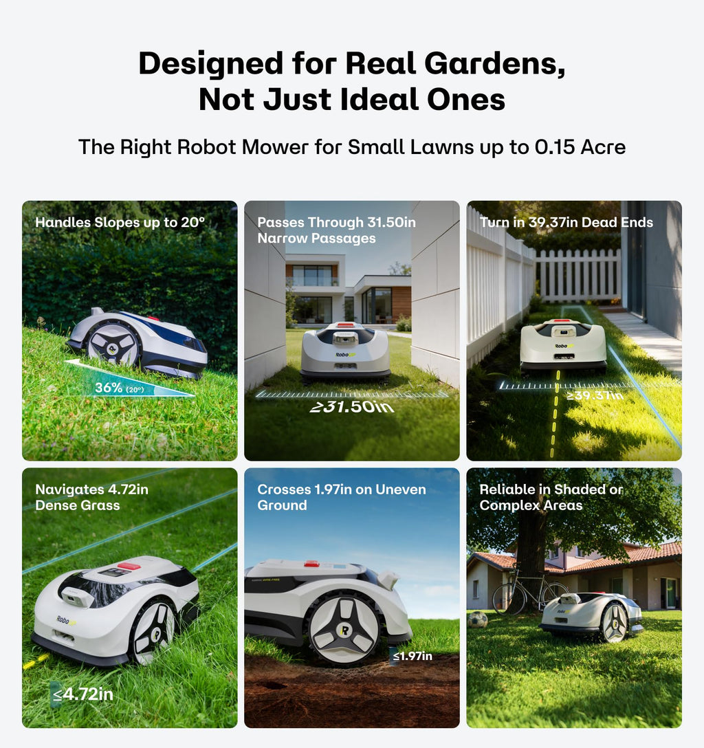 Raccoon 2 SE Wire Robot Lawn Mower, No RTK for Max. 0.15 Acre Lawn Area, 1.18"–3.15” Cutting Height, Intelligent AI Robotic Lawn Mower with 5Ah Fast-Charging Battery Robot Mower for Small Lawns