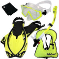 Promate 999001-Yellow-ML/XL, Snorkeling Vest Scuba Dive Panoramic Purge Mask Dry Snorkel Fins Gear Set