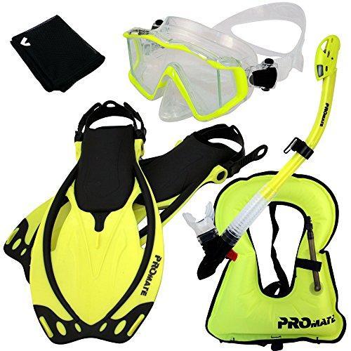 Promate 999001-Yellow-ML/XL, Snorkeling Vest Scuba Dive Panoramic Purge Mask Dry Snorkel Fins Gear Set