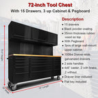 72'' Rolling Tool Chest with 15 Drawers + 3 Upper Cabinets, LarTool Box, Matte Black Mobile Workbench, Lockable StoraCabinet with Wheels for GaraWorkshop (1 × HTC7218PC)