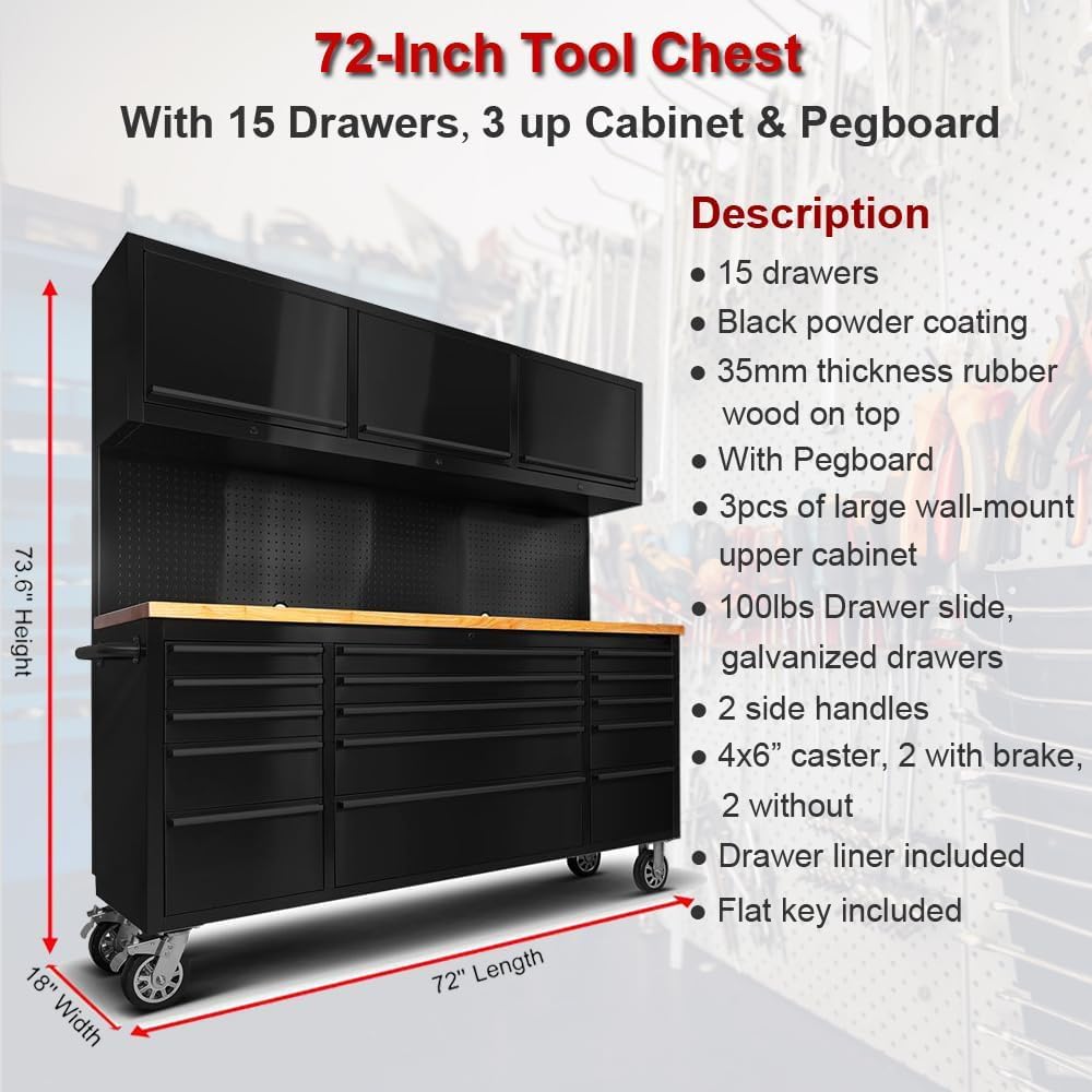 72'' Rolling Tool Chest with 15 Drawers + 3 Upper Cabinets, LarTool Box, Matte Black Mobile Workbench, Lockable StoraCabinet with Wheels for GaraWorkshop (1 × HTC7218PC)
