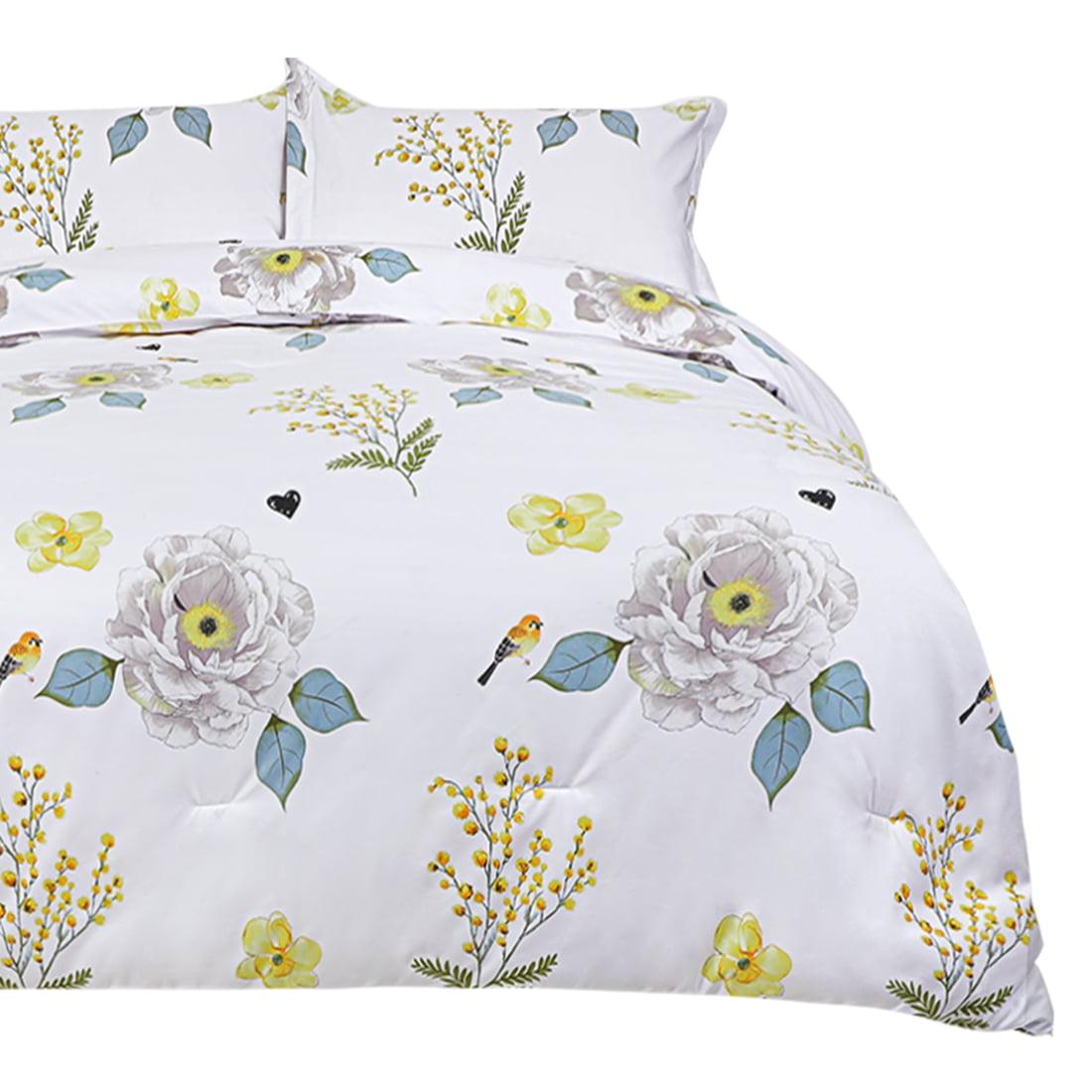 Unique Bargains 3pc Floral Comforter Set, King, Polyester, White