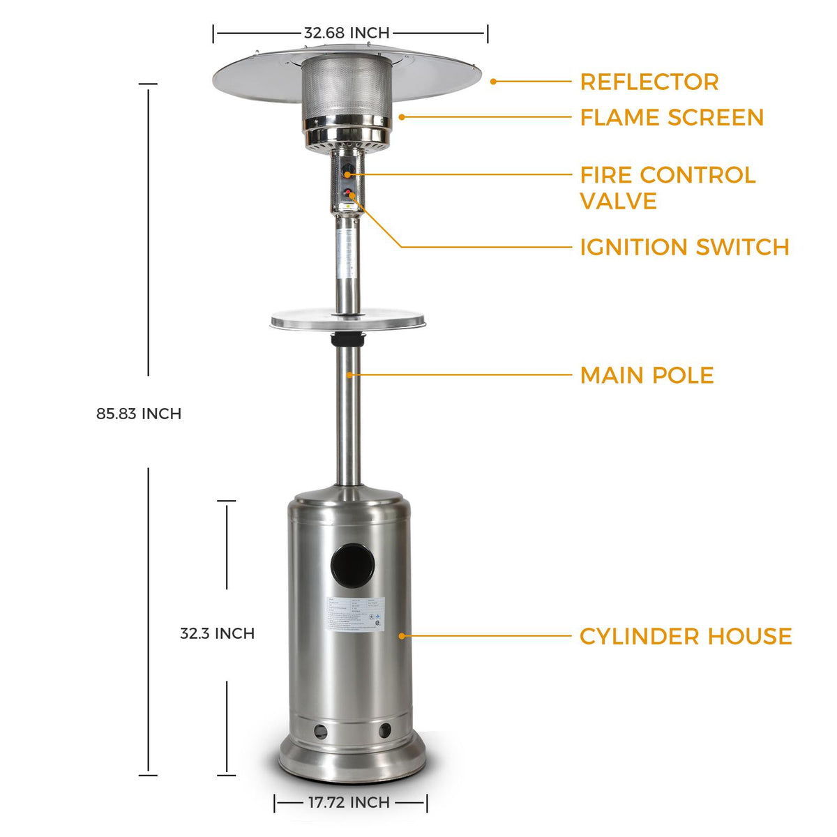 Dcenta 46000BTU Propane Stainless Steel Mushroom Outdoor Patio , with Two Smooth-rolling Wheels,with Hose Set,with Black Cover,with Round Side Table