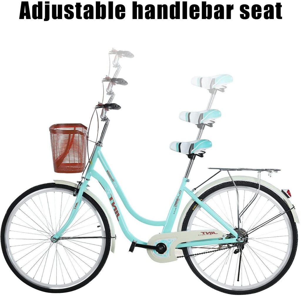 Womens Cruiser Bike 26 Inch Beach Cruiser Bike Classic Retro Bicycle Road Bikes, Single Speed Bicycle Commuter Bicycle High-Carbon Steel Frame, Front Basket, Rear Racks