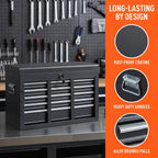 24" Portable Metal Tool Box, 5 Drawers Lockable Toolbox, Black | Top StoraTray, Carry Handle, Ball Bearing Runners, Tool Chest Cabinet for Garage, Warehouse, Repair Shop & Home