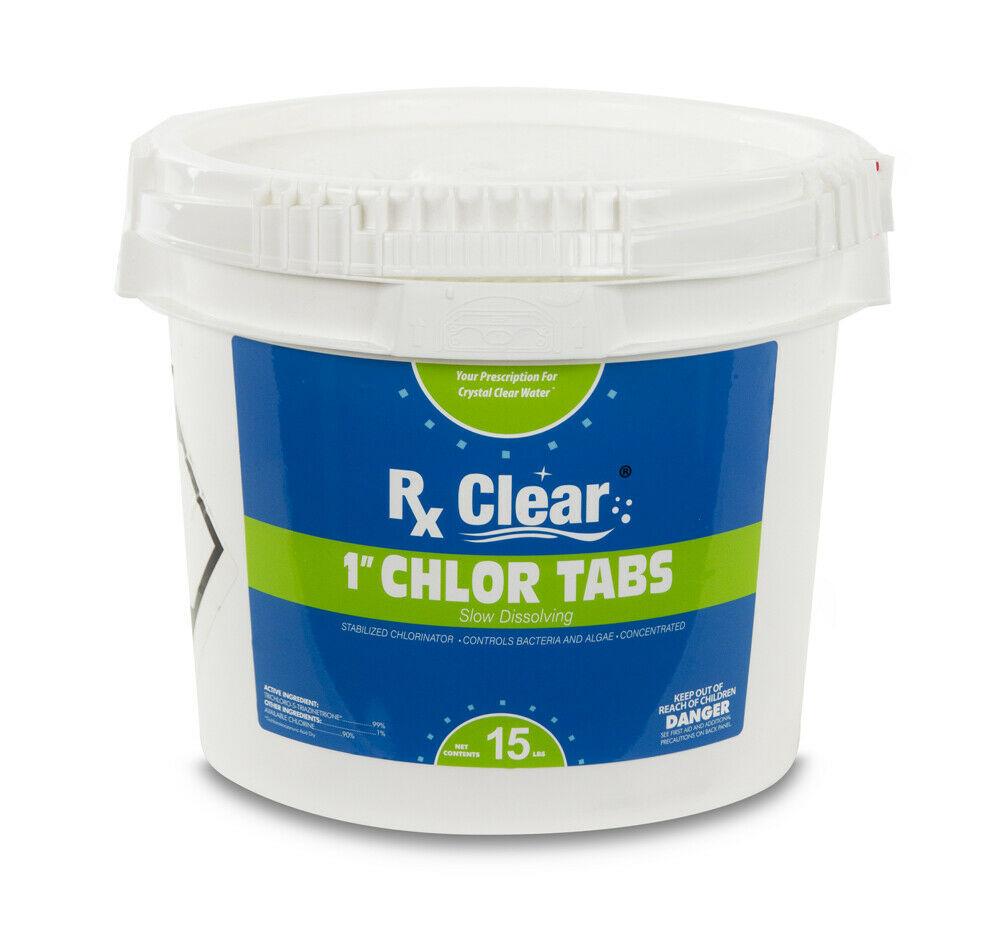 rx clear 1 inch 99% trichloro stabilized swimming pool chlorine tablets - 15 lbs