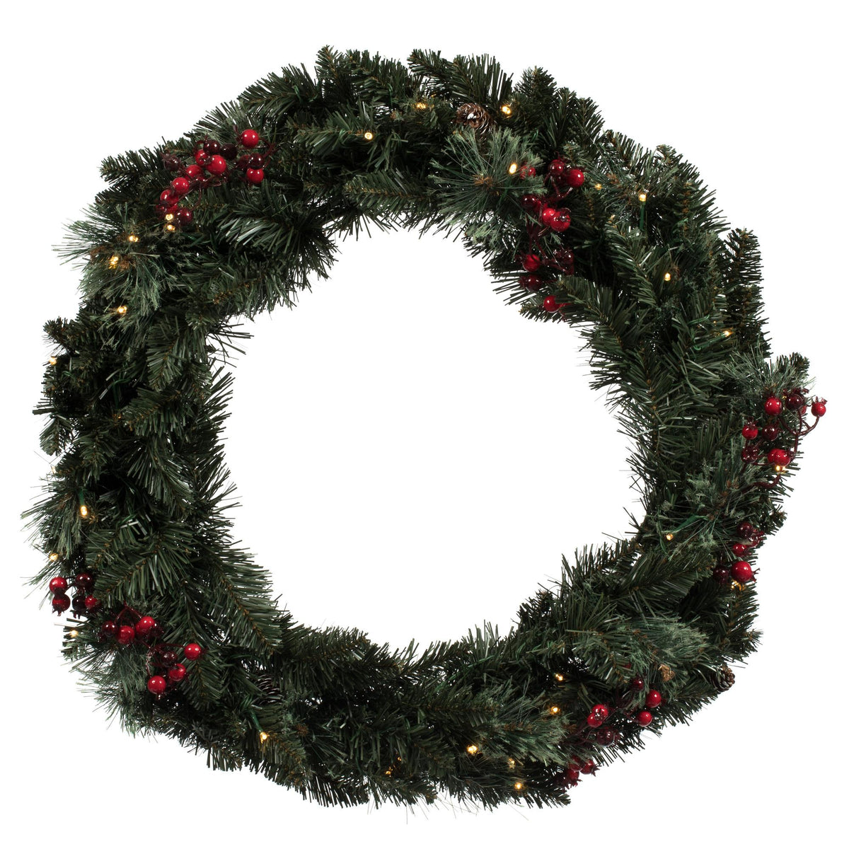 with 200 Battery Operated Warm White 3MM LED lights. Includes two 3.5' Potted Trees, one 30" Wreath and one 9' Garland. This incredible set features battery operated Warm White LED lights, pine cone