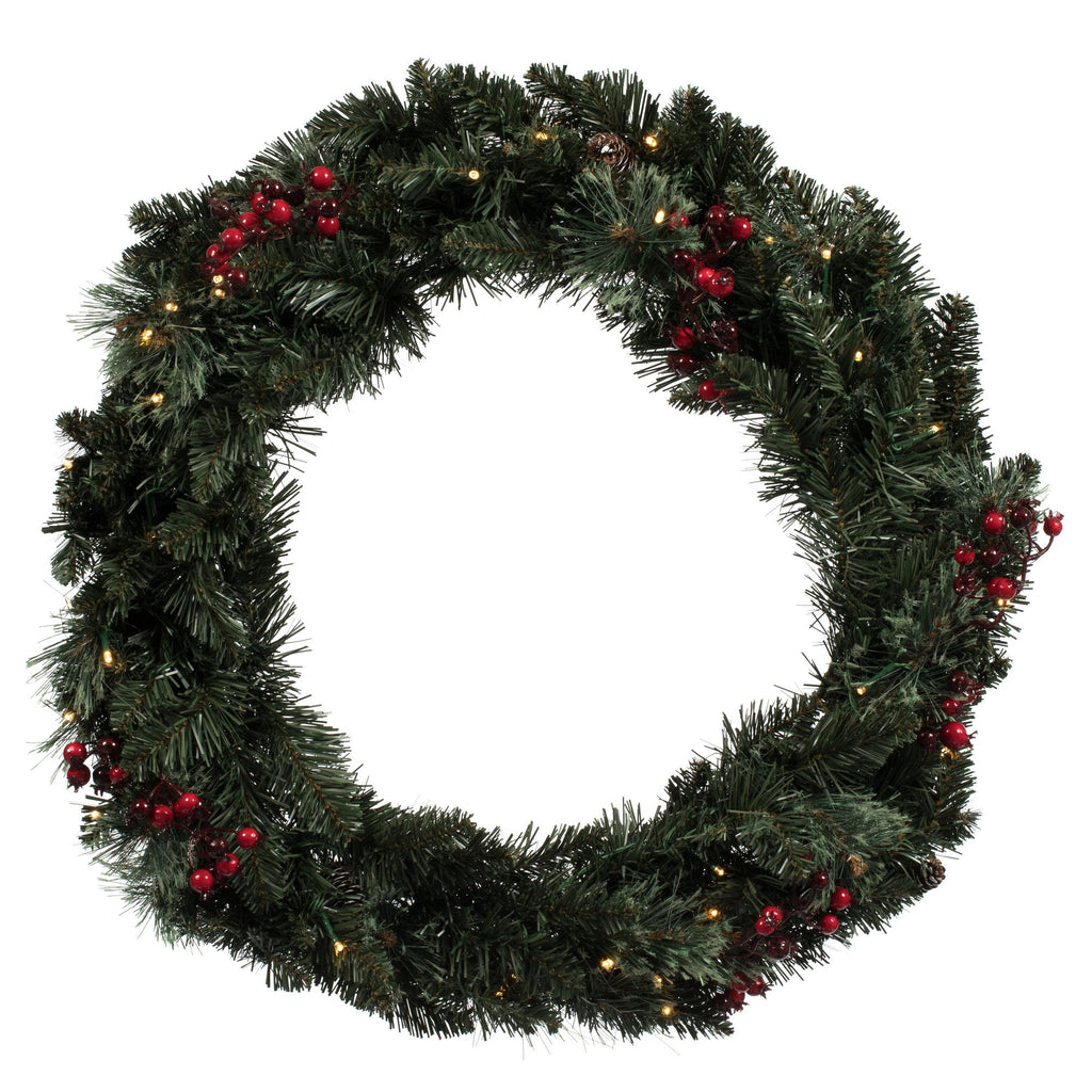 with 200 Battery Operated Warm White 3MM LED lights. Includes two 3.5' Potted Trees, one 30" Wreath and one 9' Garland. This incredible set features battery operated Warm White LED lights, pine cone