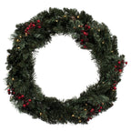 with 200 Battery Operated Warm White 3MM LED lights. Includes two 3.5' Potted Trees, one 30" Wreath and one 9' Garland. This incredible set features battery operated Warm White LED lights, pine cone