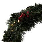 with 200 Battery Operated Warm White 3MM LED lights. Includes two 3.5' Potted Trees, one 30" Wreath and one 9' Garland. This incredible set features battery operated Warm White LED lights, pine cone