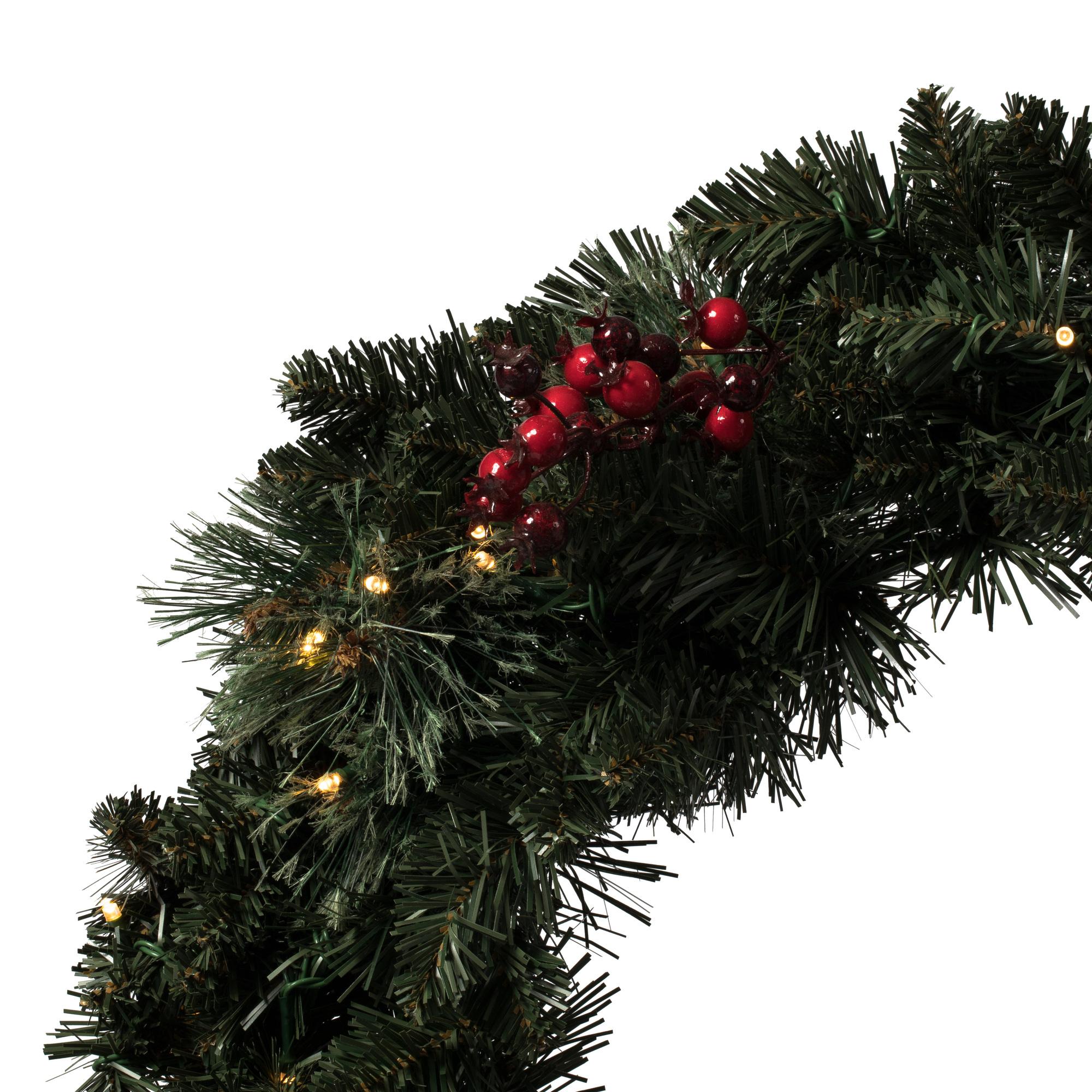with 200 Battery Operated Warm White 3MM LED lights. Includes two 3.5' Potted Trees, one 30" Wreath and one 9' Garland. This incredible set features battery operated Warm White LED lights, pine cone