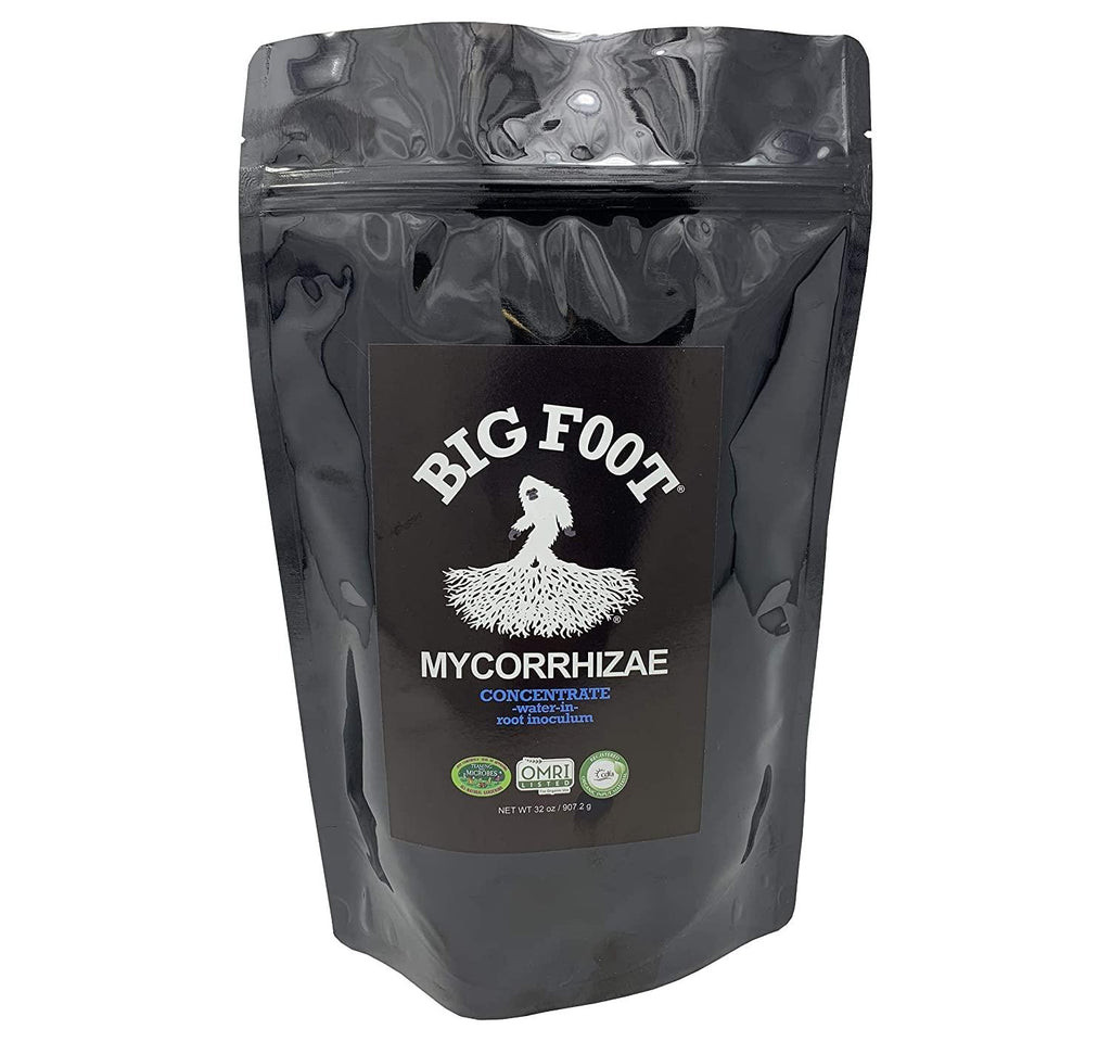 big foot organic mycorrhizal fungi water-in concentrate. 4 species endo mycorrhizae inoculant for plant root growth. 1 tsp per gallon of solution. biochar, worm castings, micronutrients (32 oz)