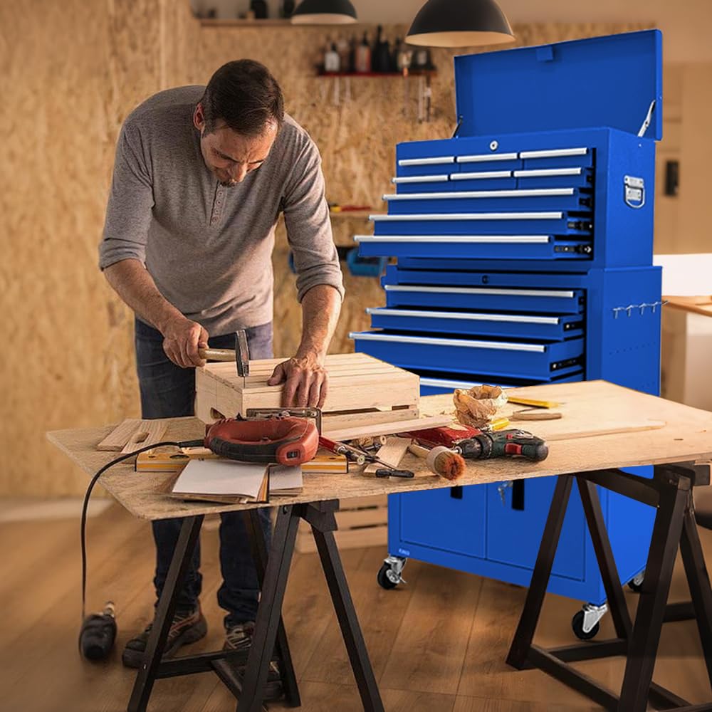 13-Drawer Rolling Tool Chest, 2 in 1 Detachable Metal Tool Cabinet with Lock & Wheels, Heavy-Duty Tool StoraOrganizer for Garage, Workshop, Auto Repair & Home(Blue)