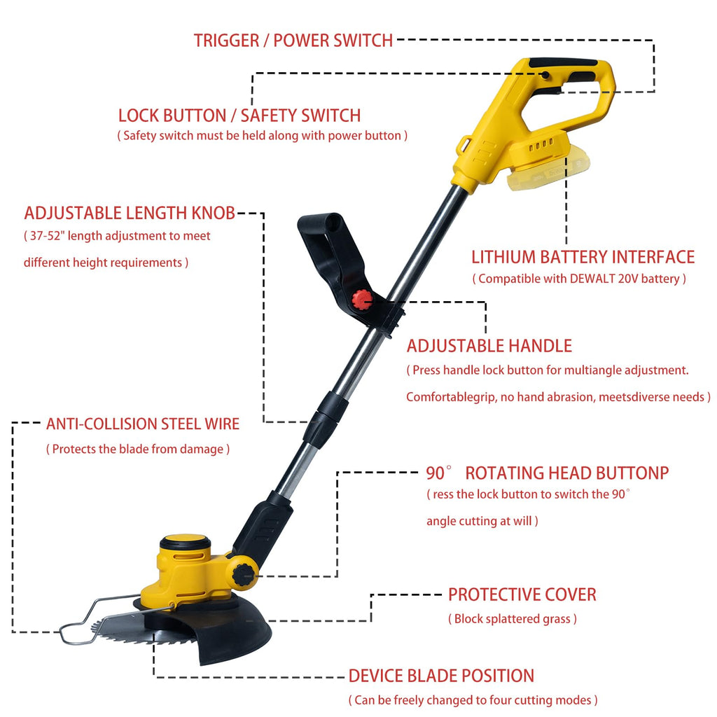 Electric Weed Wacker Cordless for Dewalt 20V Battery, 4-in-1 Battery-Powered Mower, Lightweight Cordless Weeder for Lawn, Yard and Brush Mowing (Battery Free, Yellow)