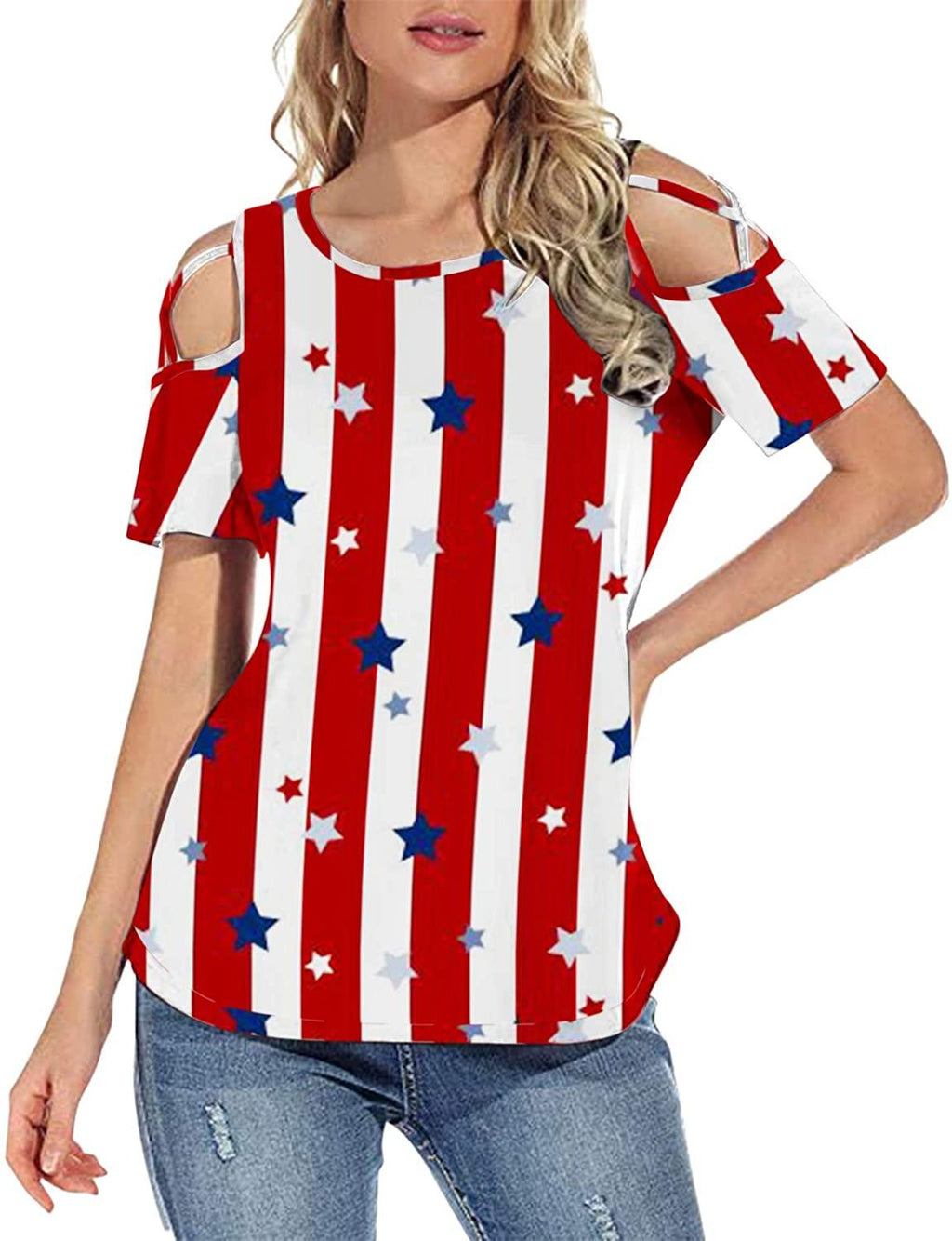Womens Loose Strappy Cold Shoulder Tops Basic T Shirts