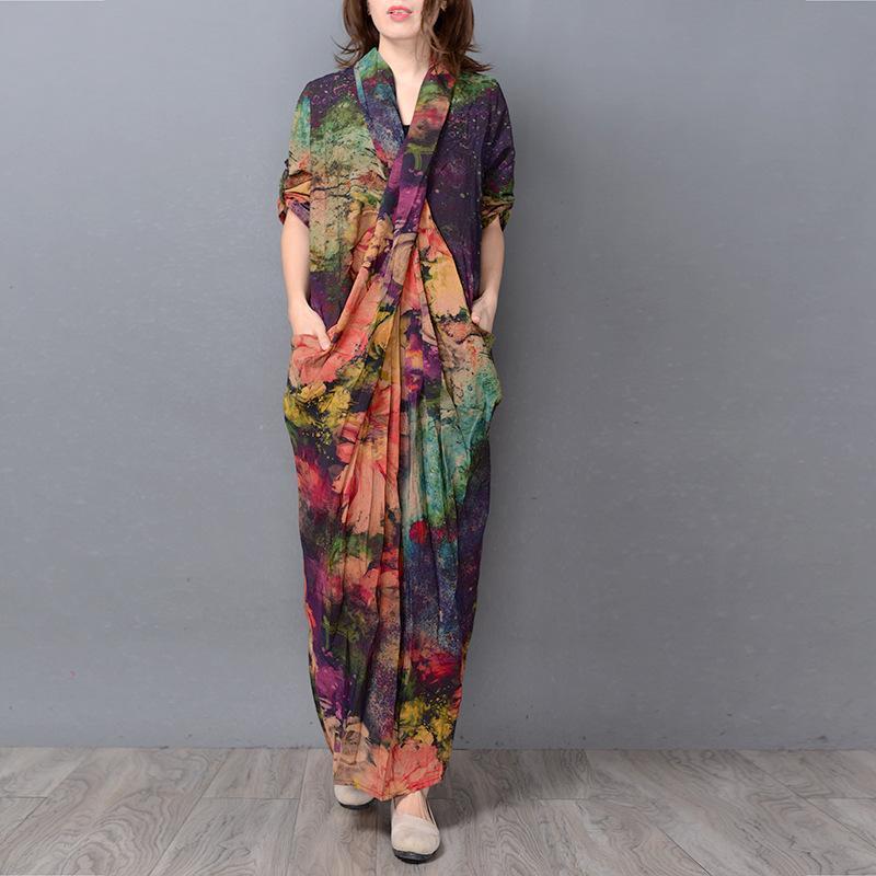 Silk Printed Retro Loose Maxi Dress