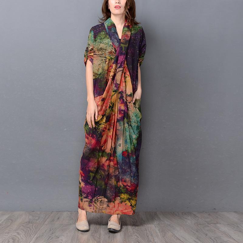 Silk Printed Retro Loose Maxi Dress
