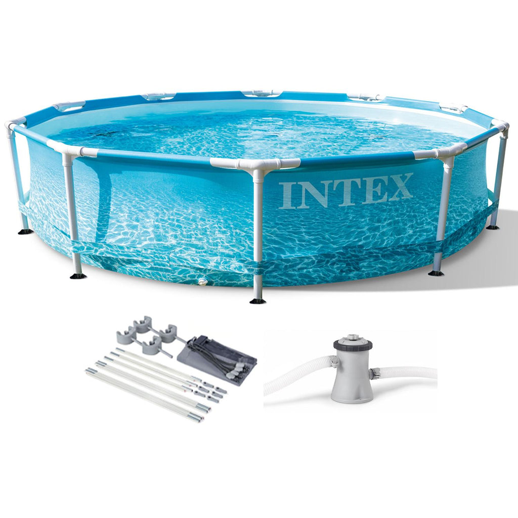 28207EH 10 Feet x 30 Inch Metal Frame Outdoor Backyard Above Ground Circular Beachside Swimming Pool with Filter Pump and
