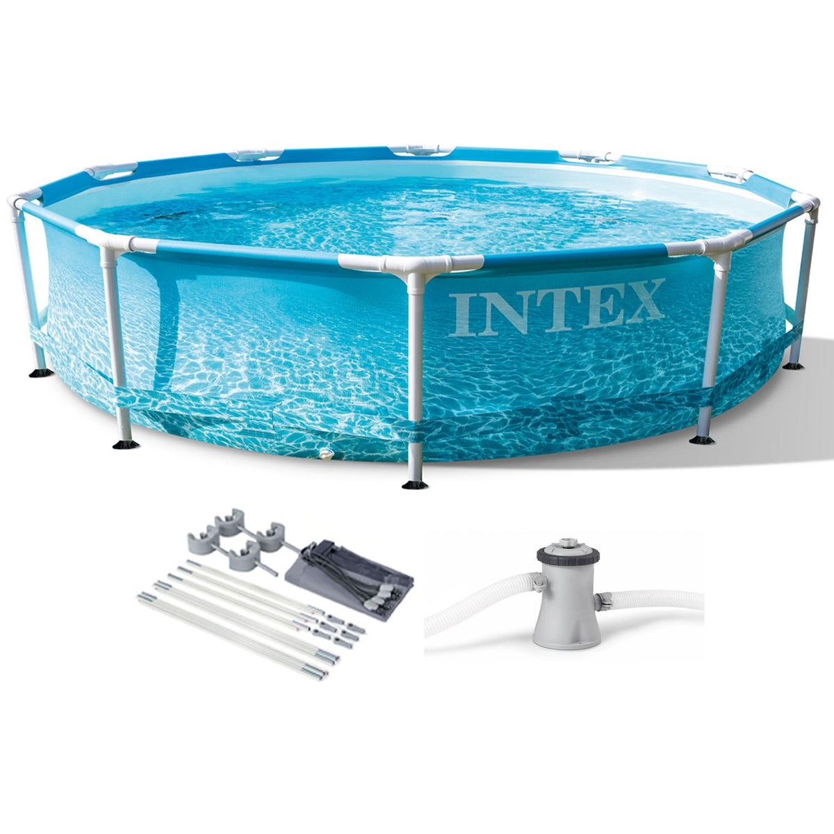 28207EH 10 Feet x 30 Inch Metal Frame Outdoor Backyard Above Ground Circular Beachside Swimming Pool with Filter Pump and