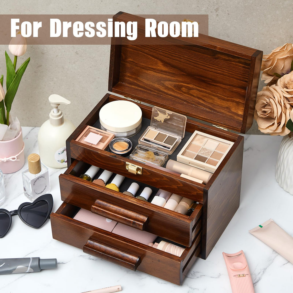 11 Inch Mini Wooden Tool Box with 2 Drawers and Top Storage, Portable Small Tool Chest with PVC Liners, Mini Tools StoraBox Organizer Makeup Boxs with Metal Latch Closure