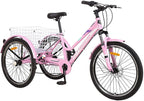 Adult Tricycle, 7 Speed Three Wheel Bikes Mountain Tricycles, 24/26 Inch Adults Trikes Men's Women's Cruiser Trike Bike with LarBasket
