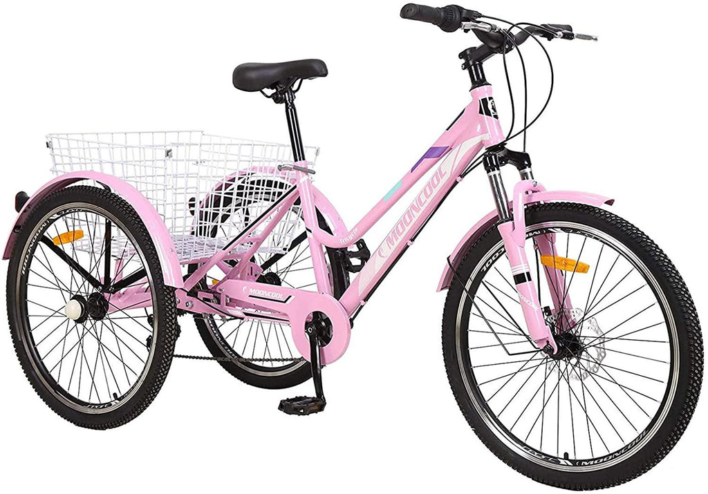 Adult Tricycle, 7 Speed Three Wheel Bikes Mountain Tricycles, 24/26 Inch Adults Trikes Men's Women's Cruiser Trike Bike with LarBasket