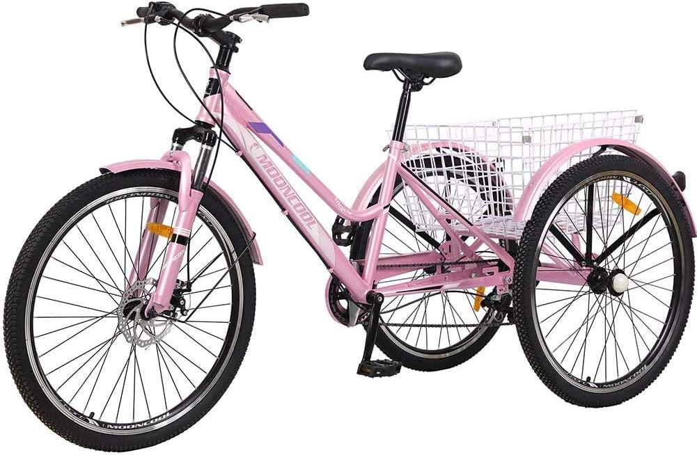 Adult Tricycle, 7 Speed Three Wheel Bikes Mountain Tricycles, 24/26 Inch Adults Trikes Men's Women's Cruiser Trike Bike with LarBasket